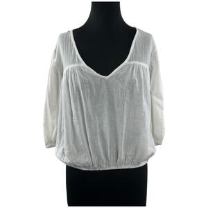 Current/Elliott White Blouse Cotton Crinkled Deep V-Neck 3/4 Sleeve Pullover